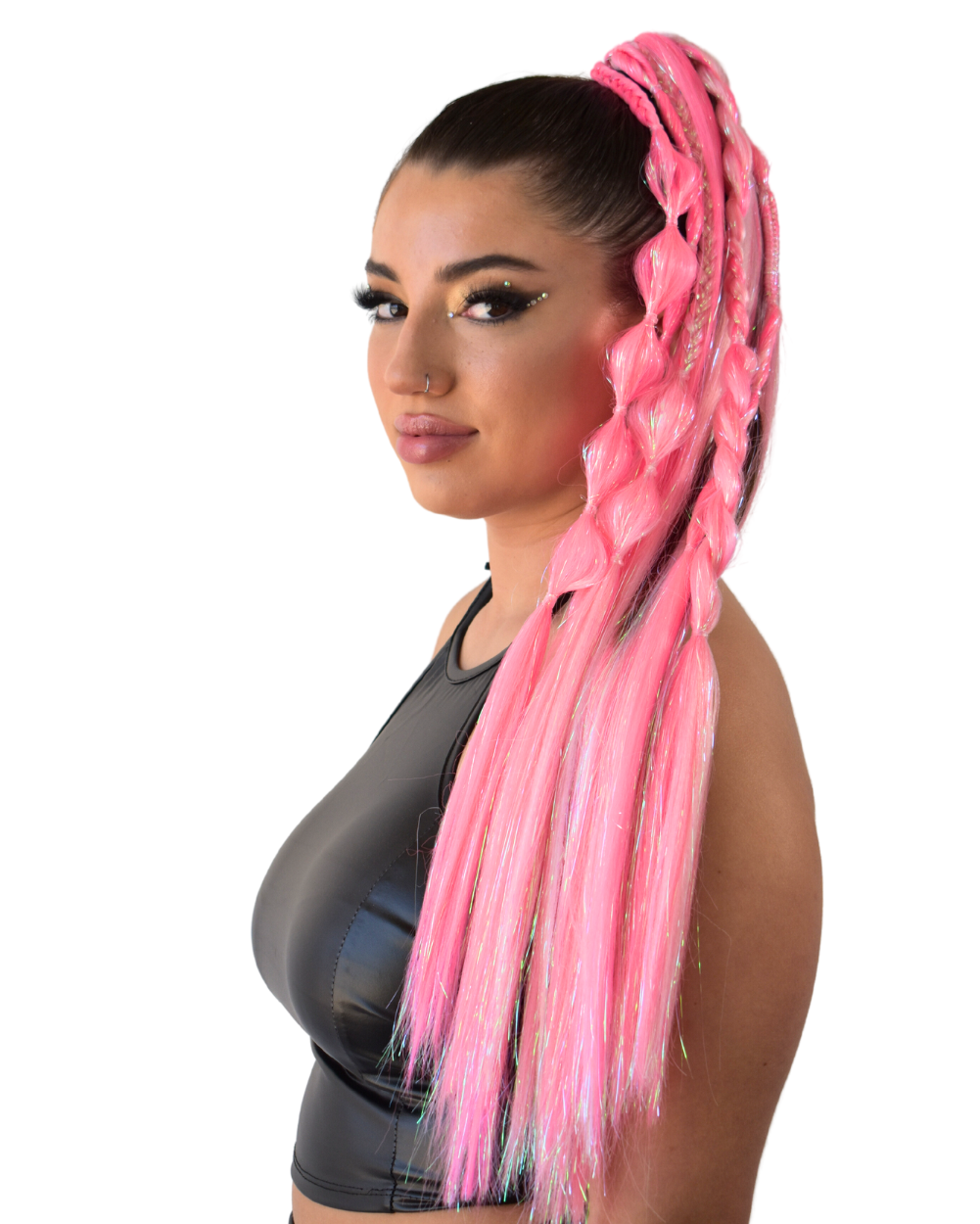 Dollface - Pink UV-Reactive Ombré Braided Ponytail Extension with Tinsel - Lunautics Ponytail Hair Extension