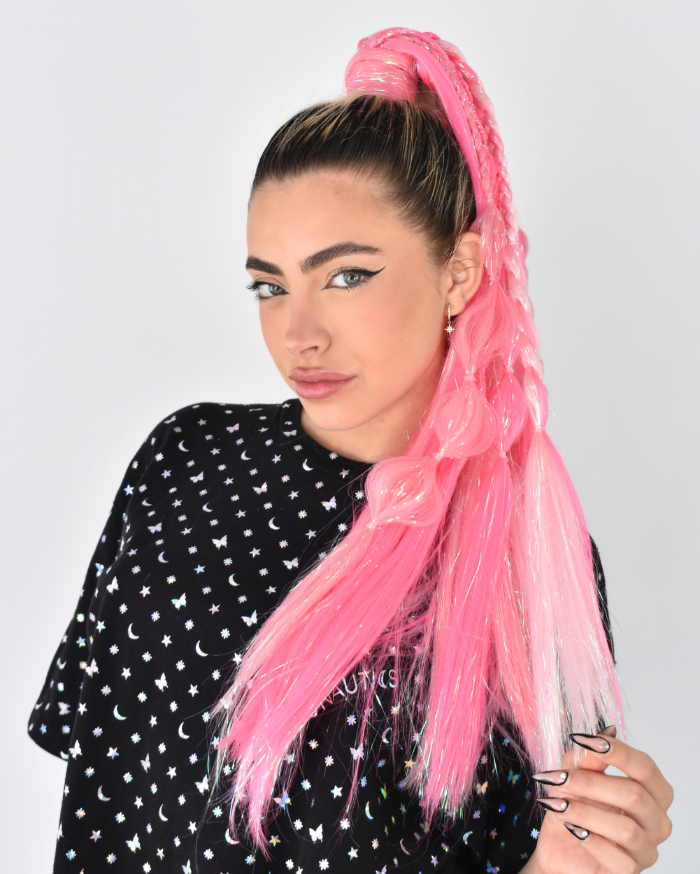 Dollface - Pink UV-Reactive Ombré Braided Ponytail Extension with Tinsel - Lunautics Ponytail Hair Extension