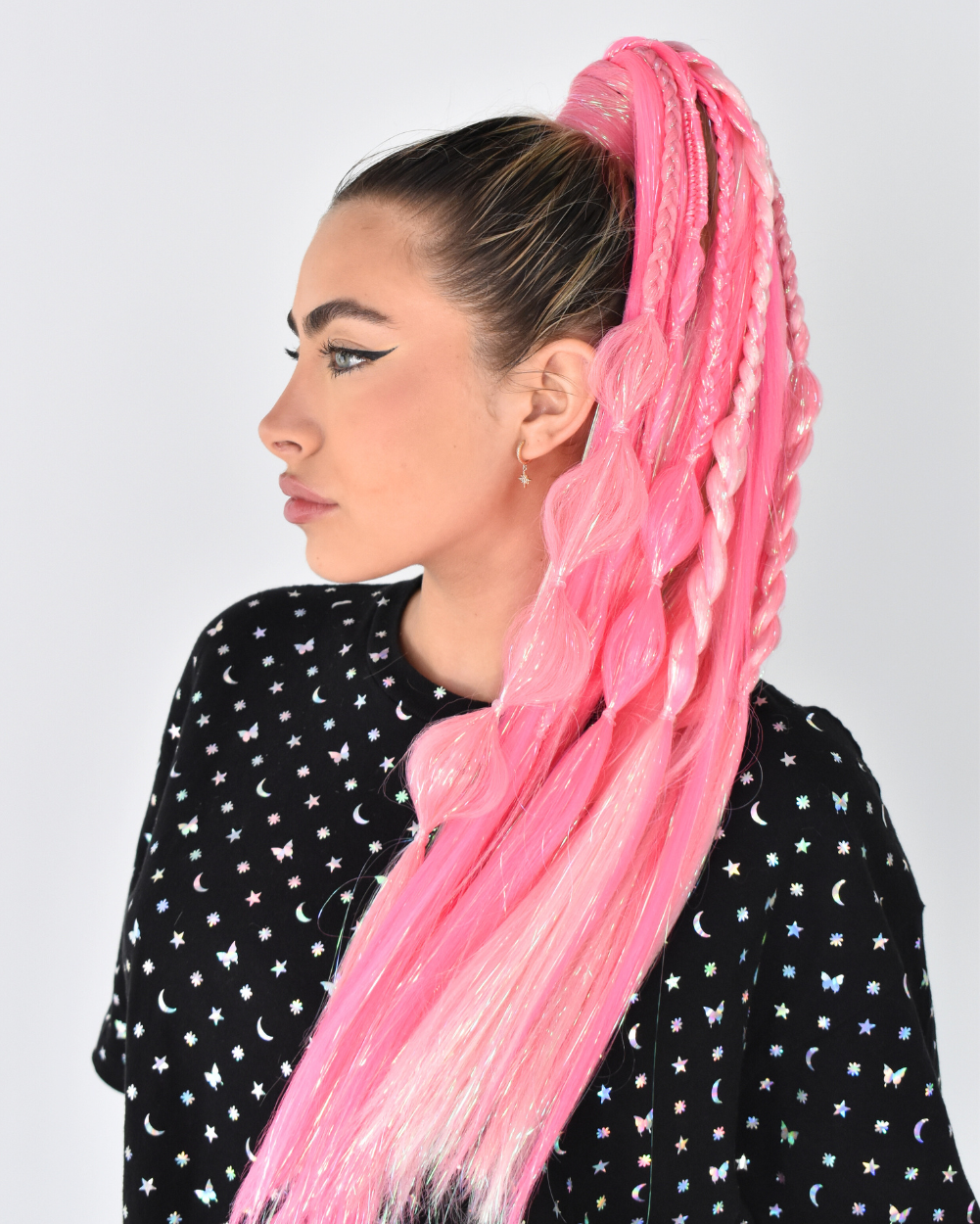 Dollface - Pink UV-Reactive Ombré Braided Ponytail Extension with Tinsel - Lunautics Ponytail Hair Extension