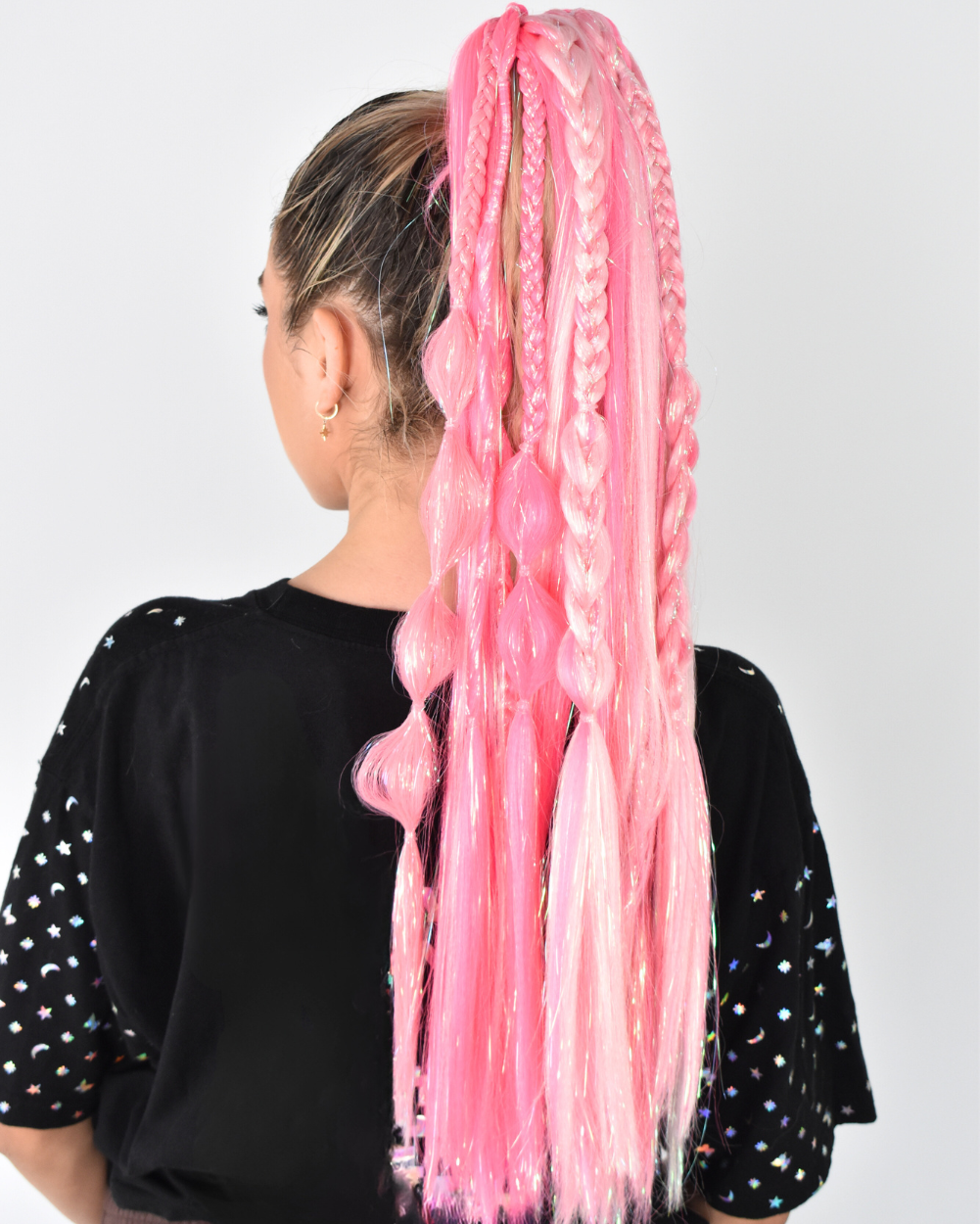Dollface - Pink UV-Reactive Ombré Braided Ponytail Extension with Tinsel - Lunautics Ponytail Hair Extension
