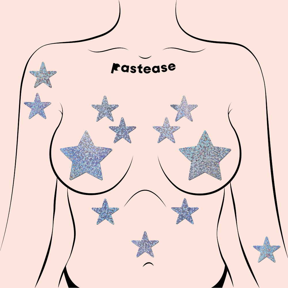 Body Minis: 10 Mini Silver Glitter Stars Nipple & Body Pasties by Pastease® o/s - Lunautics Pasties