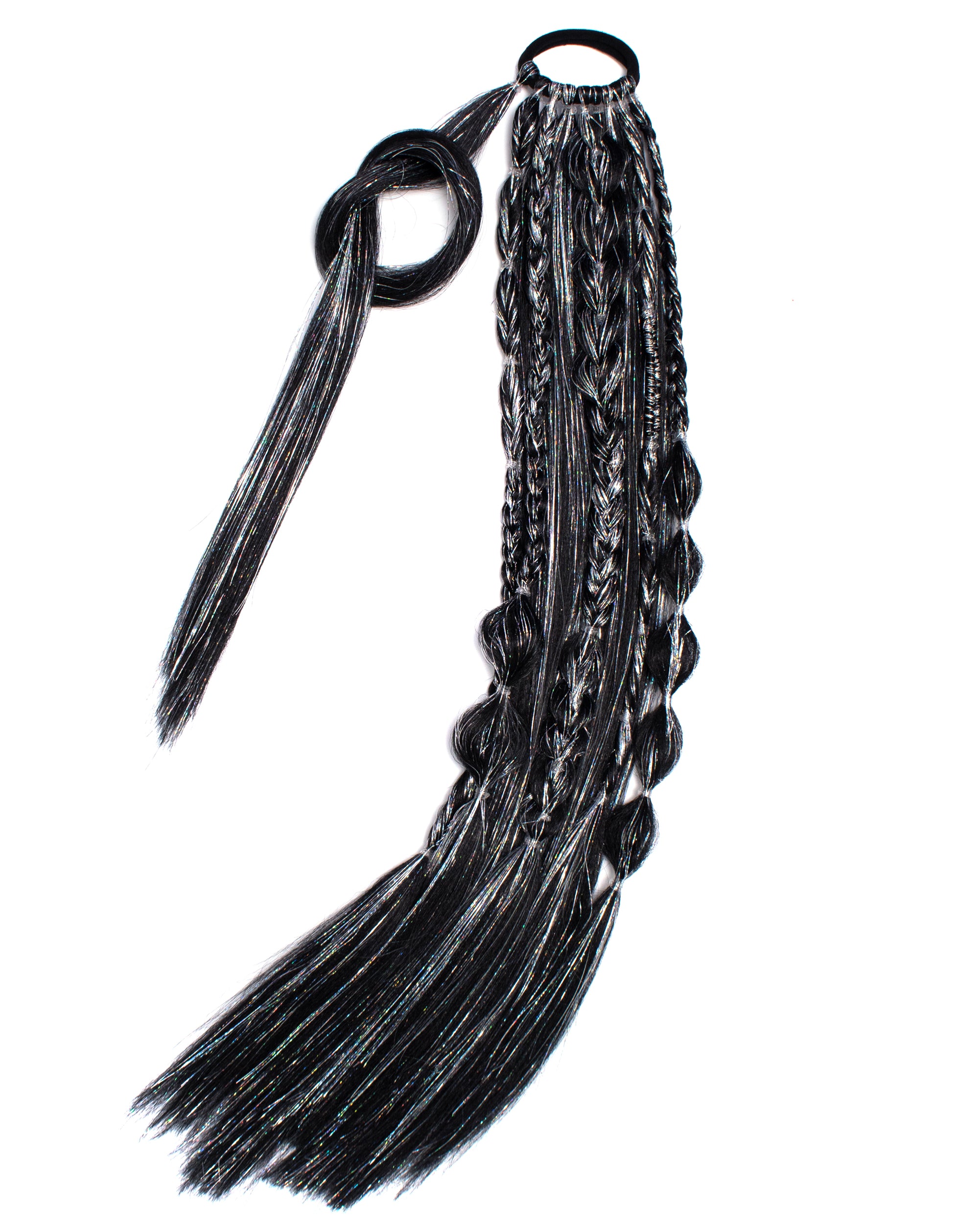 Sirius - Black Braided Ponytail Extension with Holographic Tinsel - Lunautics Ponytail Hair Extension