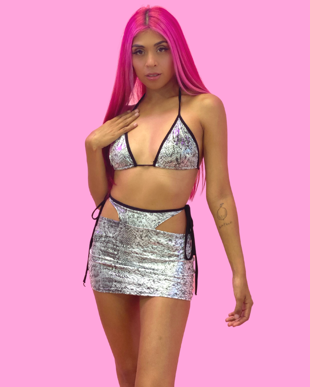 White Metal Snakeskin Triangle Top & Skirt Set - Lunautics