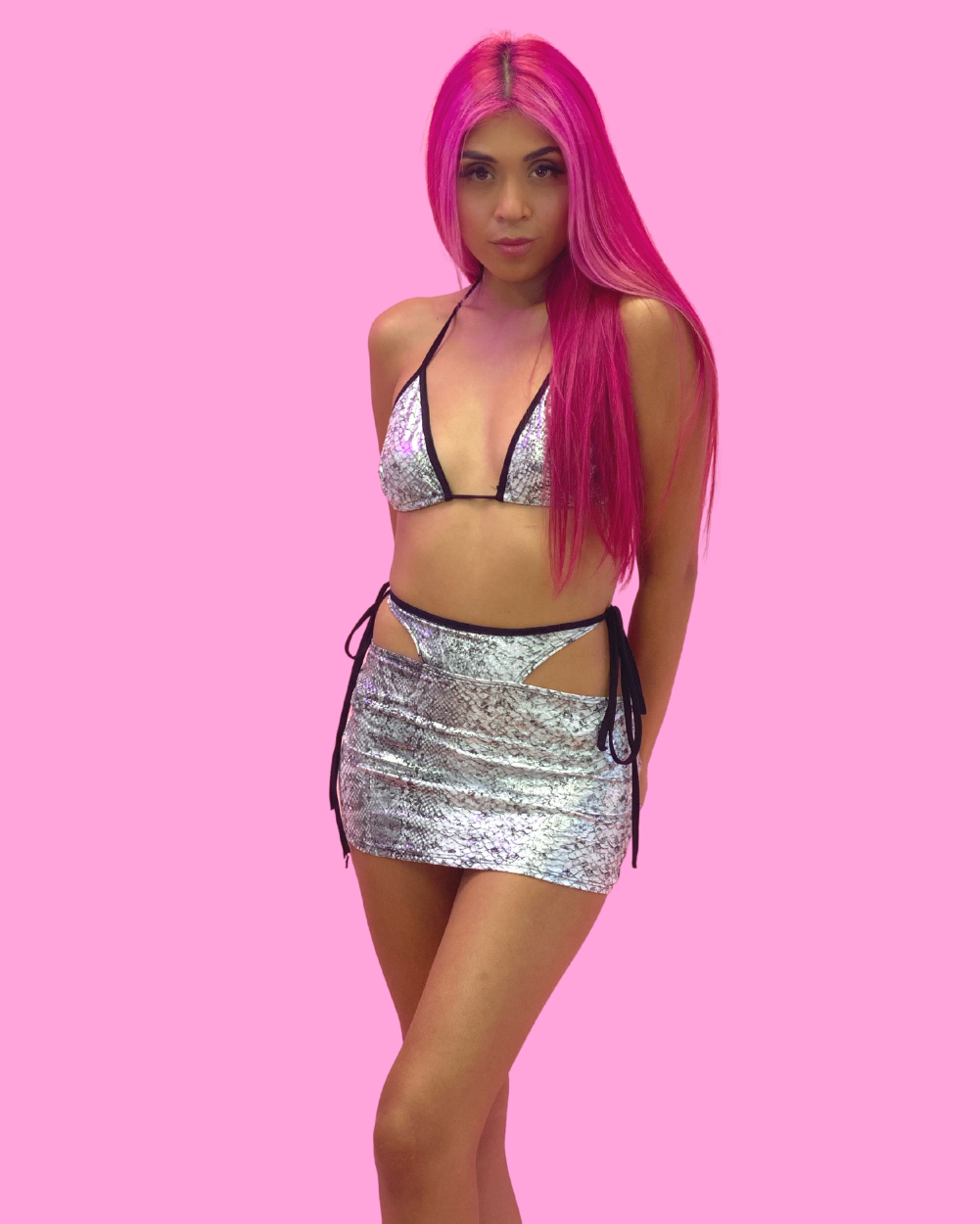 White Metal Snakeskin Triangle Top & Skirt Set - Lunautics