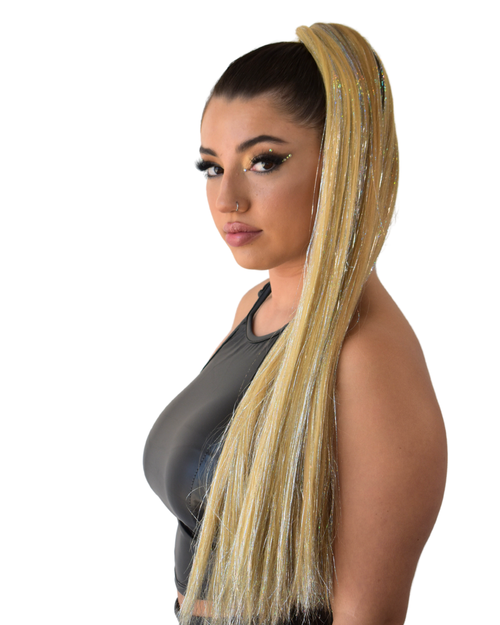 Champagne Sparkle - Blonde Ponytail Hair Extension with Silver Tinsel - Lunautics Ponytail Hair Extension