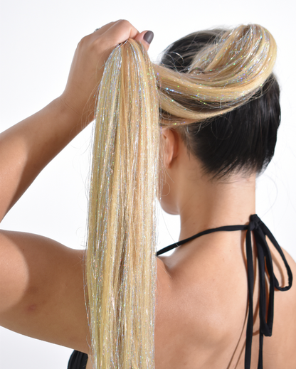 Champagne Sparkle - Blonde Ponytail Hair Extension with Silver Tinsel
