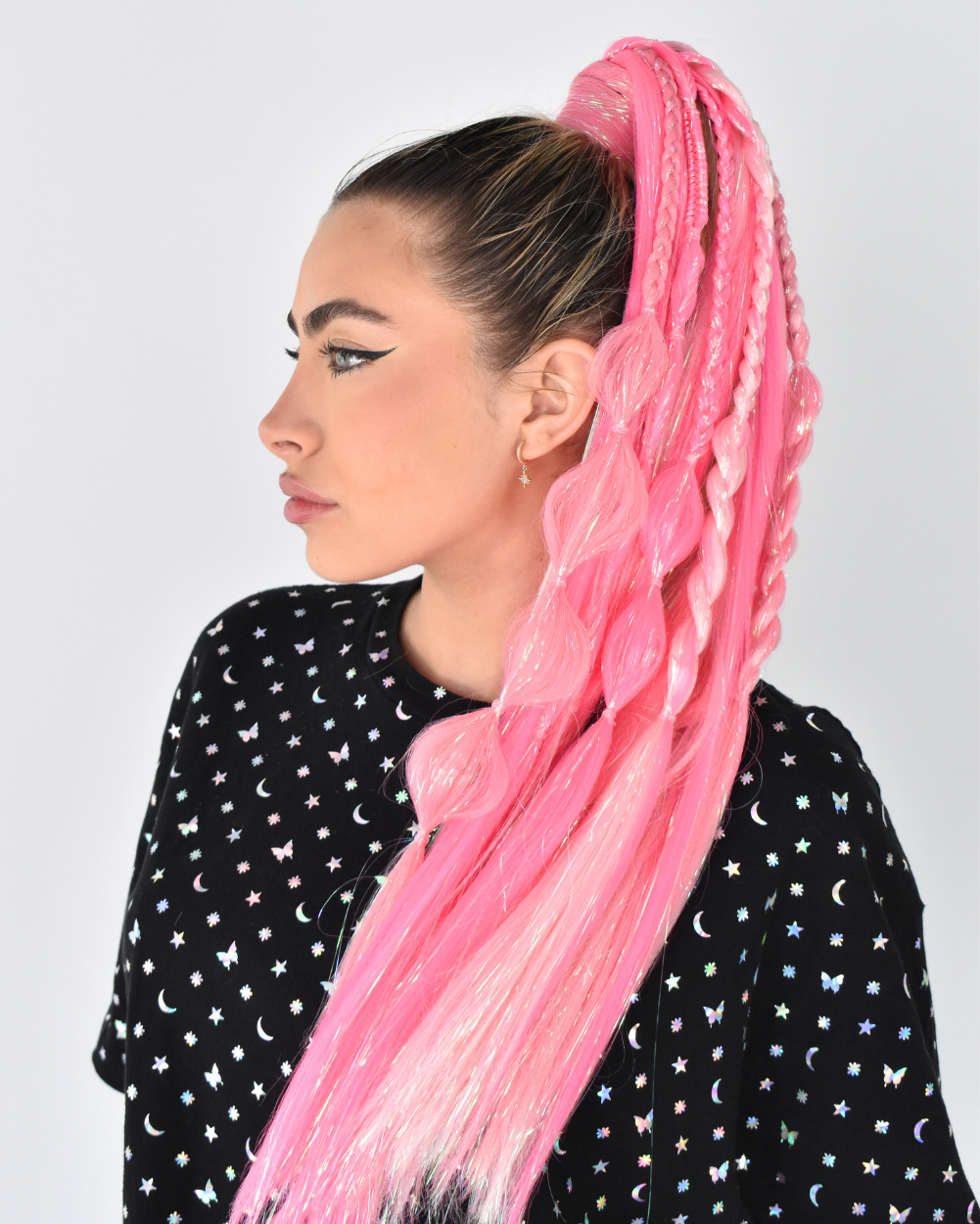 Dollface - Neon Pink UV-Reactive Hair Extension with Tinsel