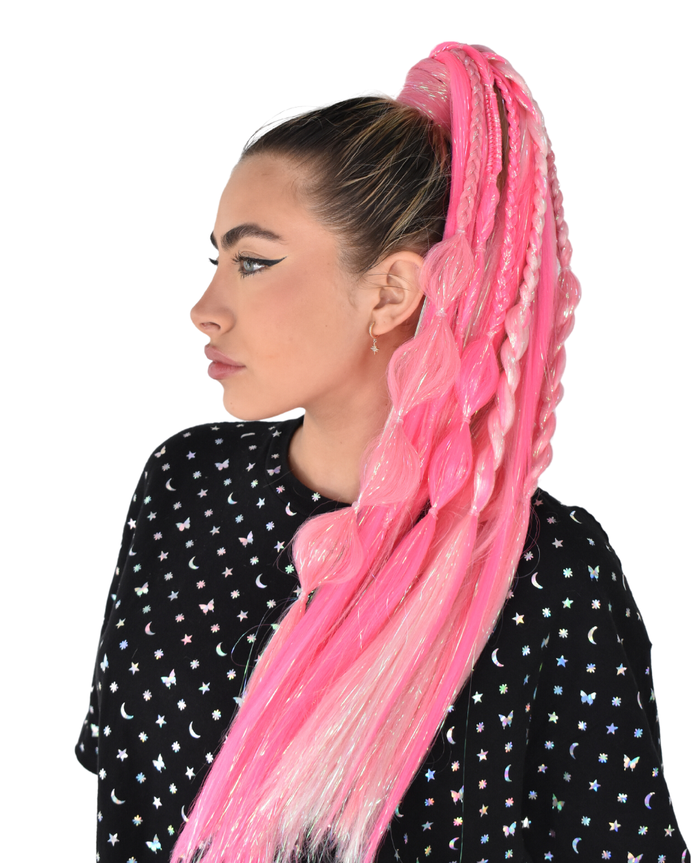Dollface - Pink UV-Reactive Ombré Braided Ponytail Extension with Tinsel