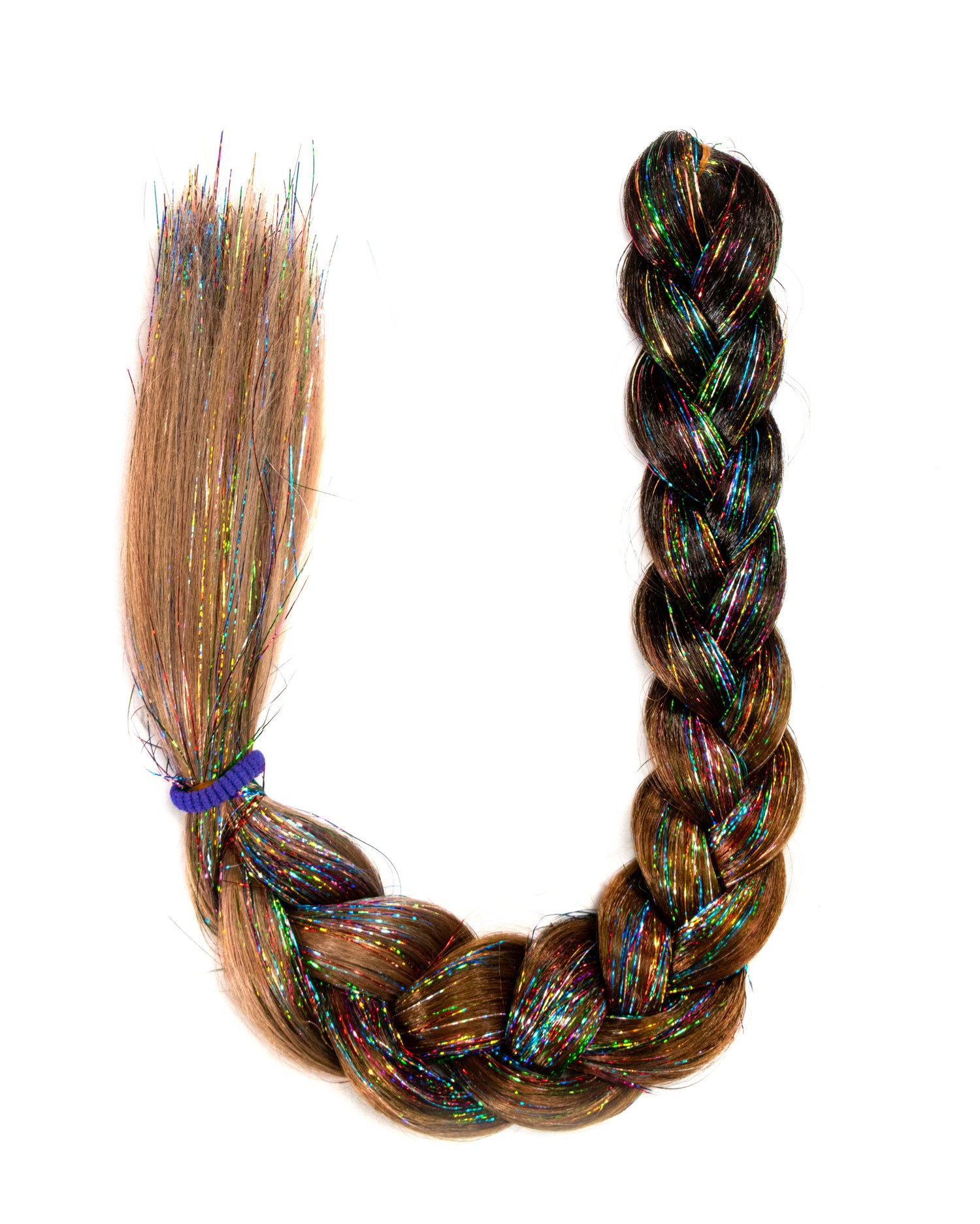 Brunette - Natural Brown Braid Hair with Rainbow Tinsel