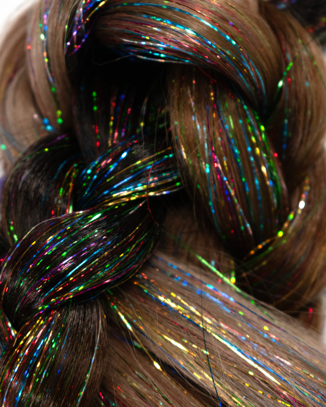 Brunette - Natural Brown Braid Hair with Rainbow Tinsel