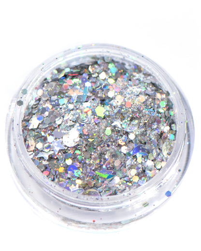 Holo Universe - Silver Holographic Chunky Glitter Mix with Moons and Stars - Lunautics Chunky Glitter