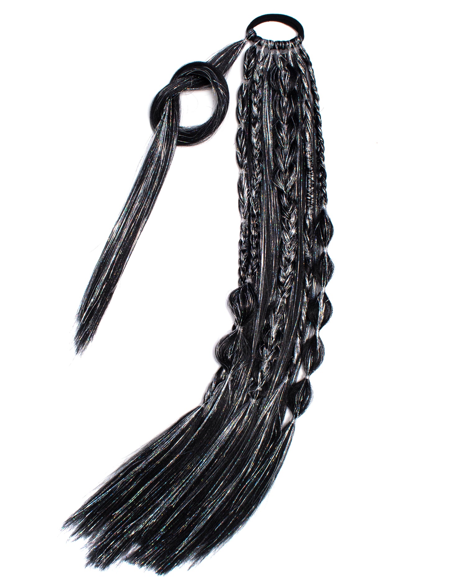 Sirius - Black Braided Ponytail Extension with Holographic Tinsel - Lunautics Ponytail Hair Extension